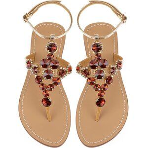 Women's Rhinestone Brown Upper Flat T Strap Thong Flip Flop Sandals Shoes